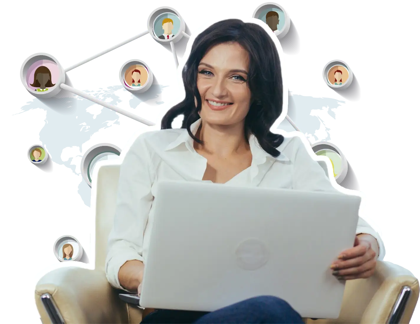 A professional HR consultant smiling while seated, working on a laptop. Behind her, a dynamic illustration of interconnected profile icons on a world map symbolizes global collaboration and networking.