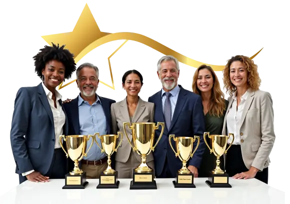 Happy corporate team members posing infront of trophies