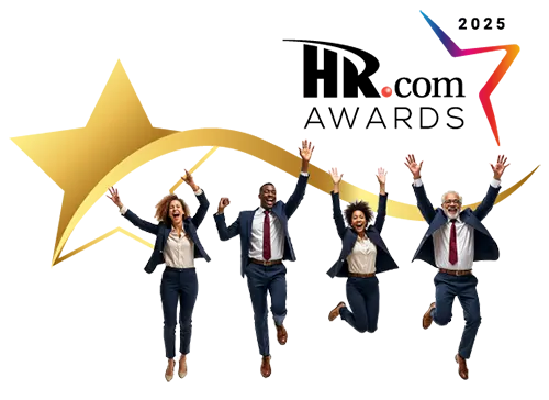 Happy Diverse colleague jumping together with HR Awards Logo on top of them