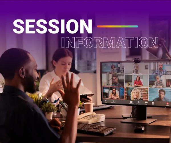Man raising his hand in a virtual meeting displayed on a desktop monitor, with 'Session Information' text in the background.