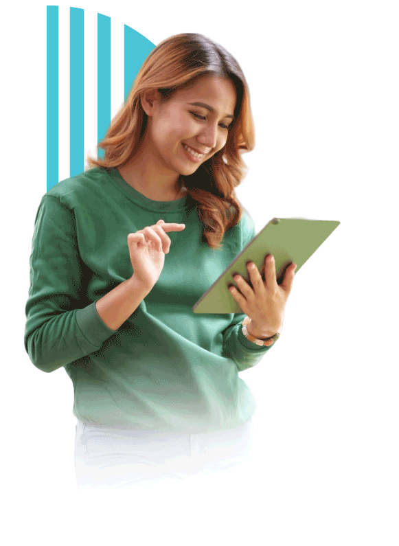 Happyh woman looking at digital tablet