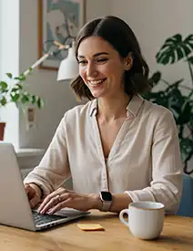 Smiling woman in her 30s on a video call at a cozy home office desk with a laptop and coffee mug