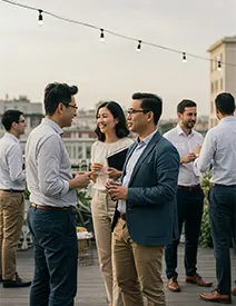 Group of mid-career DEI leaders networking at a rooftop event, engaging in friendly conversation during a professional retreat