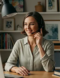 Smiling woman in her 40s on a headset participating in a virtual DEI leadership conversation from a home office setup