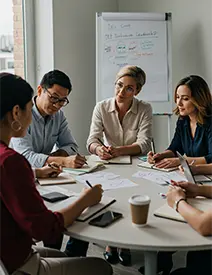  Diverse group of DEI professionals in their 40s discussing inclusive workplace strategies in a modern office setting around a roundtable

            