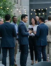 Diverse group of business professionals in their 30s networking at an outdoor corporate event, holding drinks and smiling