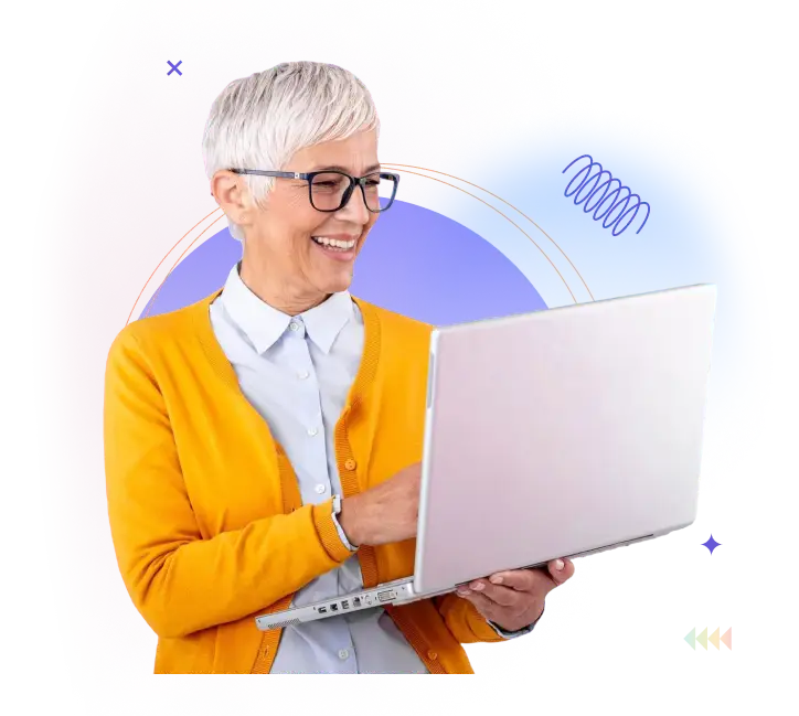 A senior woman with short gray hair smiling while using a laptop, depicted in a stylized background.
