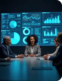 Executives in a data-driven strategy meeting with digital analytics dashboards in the background