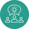 Icon of people exchanging ideas with a lightbulb representing new perspectives