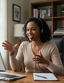Smiling woman in her 40s on a headset, actively participating in a virtual leadership forum from a professional home office