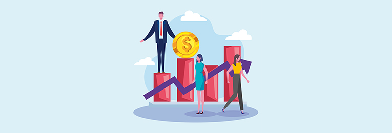 Illustrated image showing a bar graph and three employees. A worker stands on the first bar of the graph and a dollar coin lies on the second bar. A blue coloured arrow is cutting across the graph and two women are also standing near the graph.