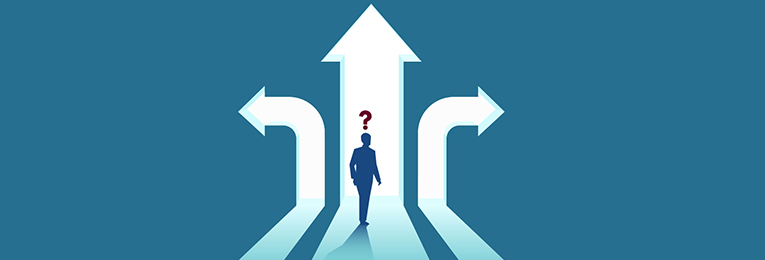 Illustrated image displaying the sihouette of a man who is standing in front of 3 arrows pointing in 3 different directions. A question mark is hovering above the mans head.