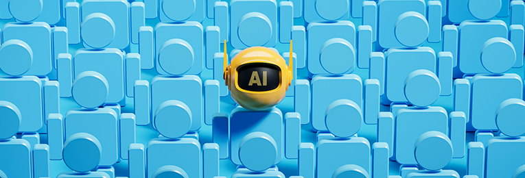 An illustration featuring a single head in yellow with 'AI' written on it, placed at the center amidst multiple human-shaped figures in blue.