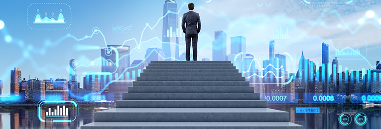 An illustration of a person standing on stairs and looking at several buildings, with statistics appearing in the foreground.