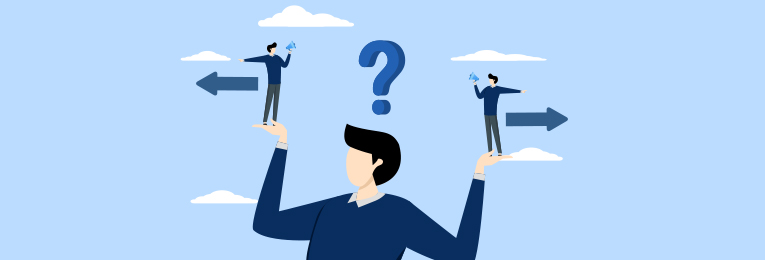 illustrative image of person spreding his hands and holding two persons opposite each others with a question in his mind
