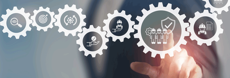 An illustrative image depicting a human hand touching a digital screen, with multiple well-being icons floating alongside as gears.
