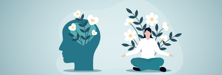 illustrative image of a women doing yoga on one side and a flowers coming out of a human head on the other side