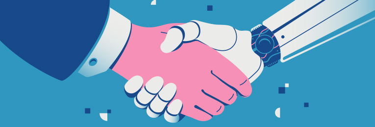 we can see a human hand and a robot hand shaking each other