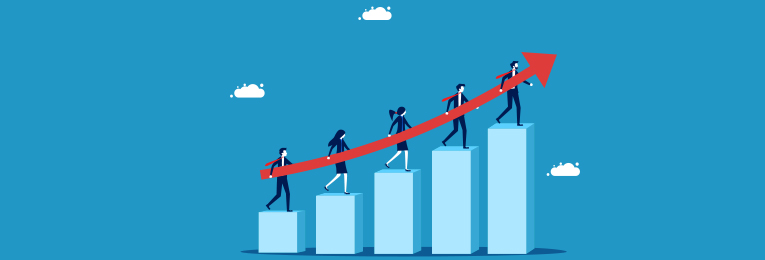 illustrative image of 5 people carring a arrow of success and climbing success stairs