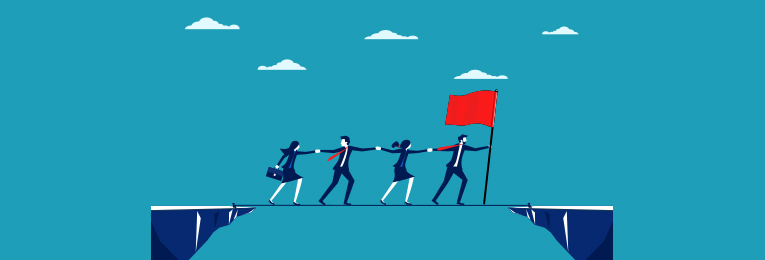 an illustrative image of a group of people walking on a thin line to reach the success point