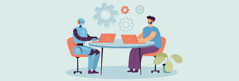 an illustrative image of a robot and a human working at the same time sitting next to each other