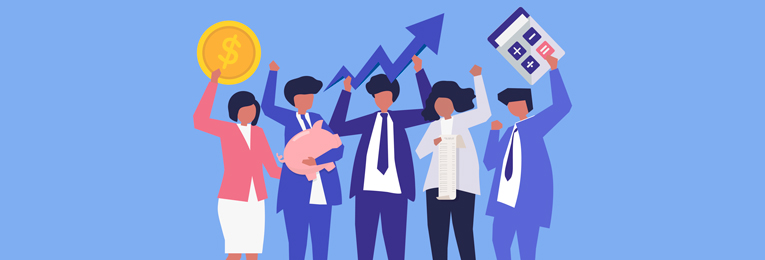 Illustrative image showing five individuals in corporate attire holding financial wellness icons.
