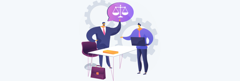 An illustrative image of two people standing opposite each other: one person is holding a laptop, while the other is thinking and pointing at a weight balance above their head.