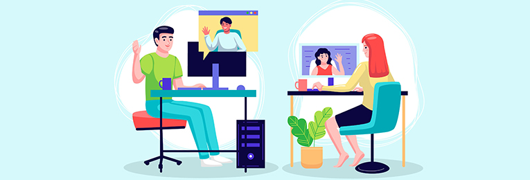 An illustrative image depicts individuals engaged in virtual calls on their computers.