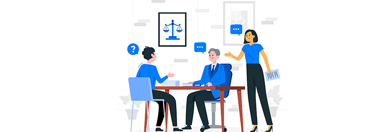 An illustrative image shows a person conversing with two others at a desk, with a framed weighing scale hanging on the wall.