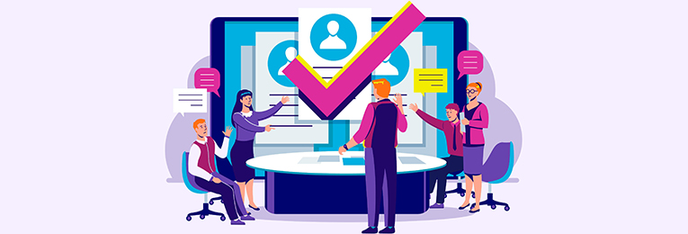 An illustration depicting employees engaged in conversation around a round table, with a large screen behind them displaying a selected profile.