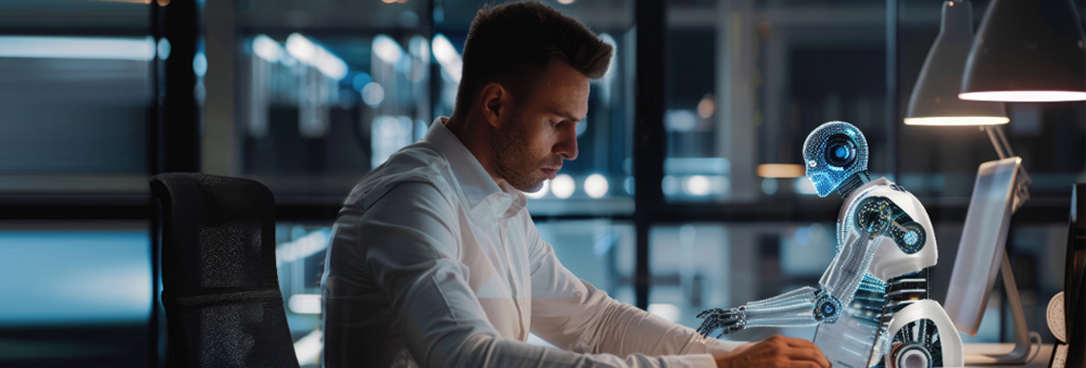 Illustrative image of a person working on a laptop, with a graphical robot displayed alongside them.