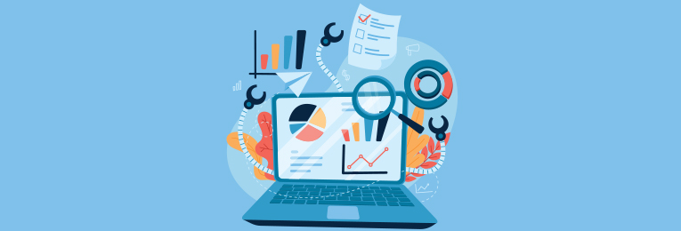 Illustrative image of a laptop displaying statistics, with various data icons floating around the screen, symbolizing data analysis and digital insights.