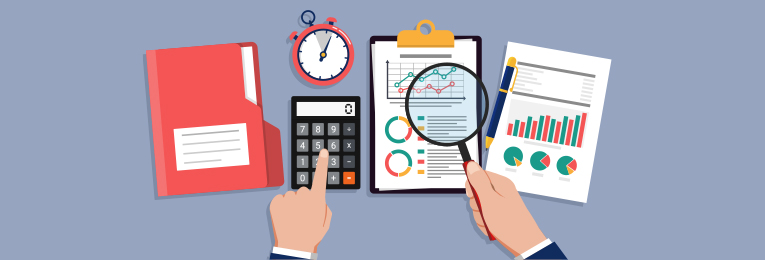 Illustrative image of a person using a calculator while holding a magnifying lens over statistics pinned on a notepad, accompanied by a file case, pen and a stopwatch, symbolizing precision and analysis.