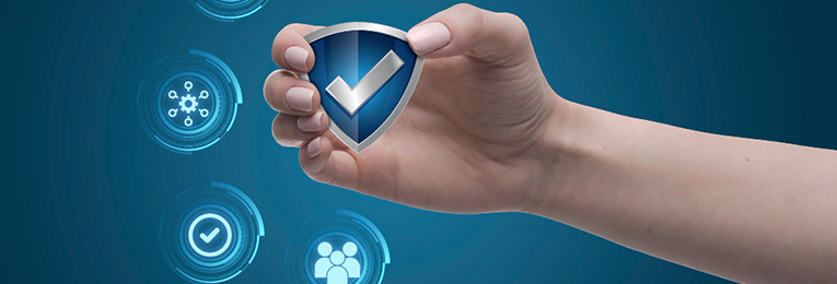 Illustration of a person holding a miniature protective shield in their hand, with floating security icons in the background, symbolizing digital protection and cybersecurity.