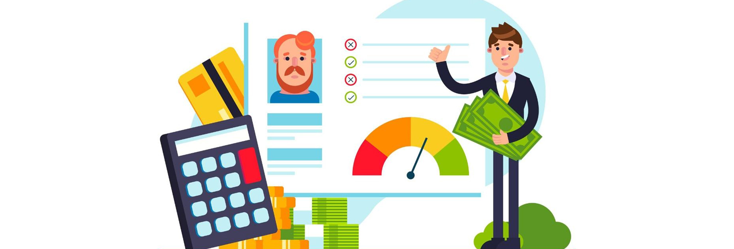 An illustrative image of a person holding money, with a profile icon displaying a score, alongside a calculator and a credit card.