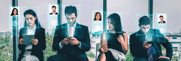 Graphical representation of four individuals using facial recognition to access their digital devices and retrieve personal information instantly at the press of a button.