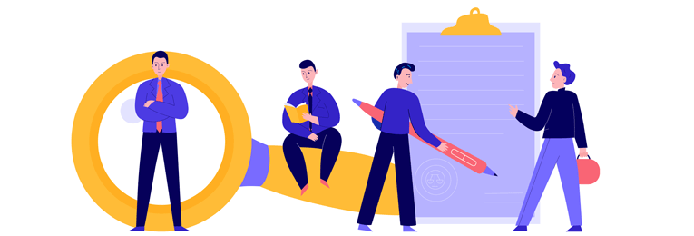 An illustrative image featuring four people: one sitting on a giant magnifying glass reading a book, another standing in the foreground, and two beside a large notepad—one holding an oversized pen and the other carrying a briefcase, symbolizing analysis and documentation.