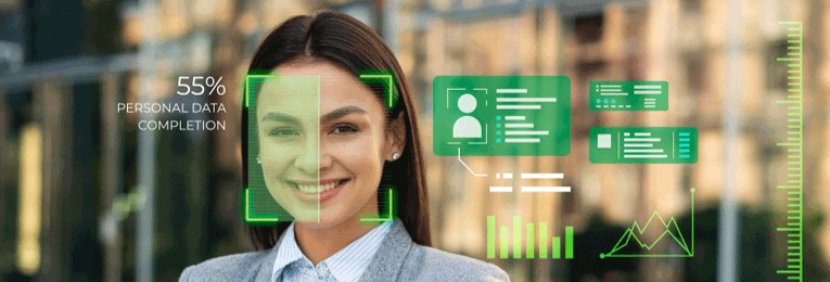 AI software scanning a woman's face to retrieve personal data using facial recognition technology.