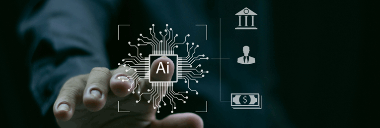Graphical representation of a transparent screen displaying 'AI' surrounded by payroll-related icons, as a hand interacts with it.