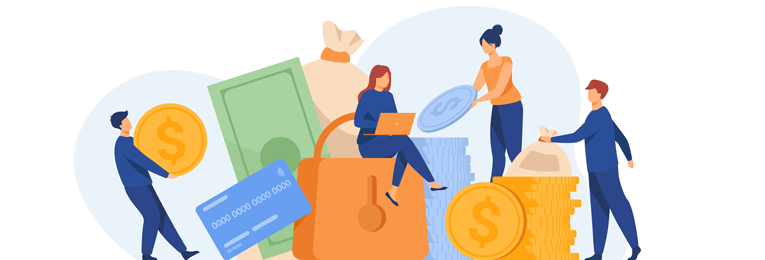 An illustrative image depicting four individuals engaged in financial tasks—one holding a large dollar coin, another sitting on a locked credit card, one stacking silver coins, and the last placing a sack on top of a coin stack.