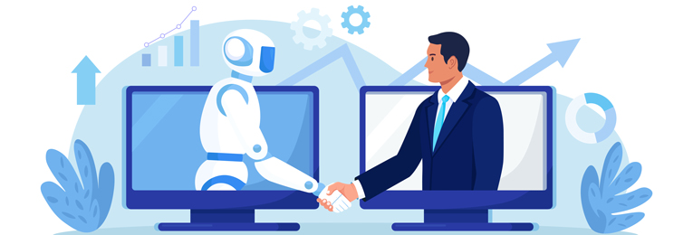 an illustrative image were we can see a human shaking hand with a robot