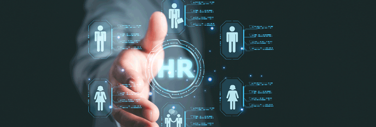 Image showing an unseen person extending a hand towards the screen in front of him which looks like an HR portal with human icons lined up in a circular format.