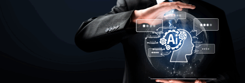 Image showing an unseen person who is clad in formal attire, trying to balance a transclucent globe like thing in his hands with multiple message icons popping out of it. The centre of this globe has an AI icon as well.