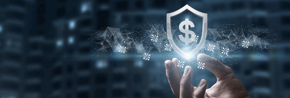 Illustrative image showing a man reaching out to hold a floating shield shaped like a dollar symbol.