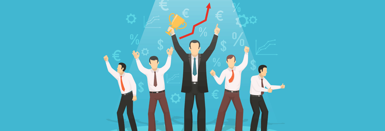 five people as a team seen celebrating success at work