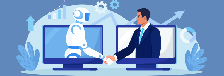Illustration of a robot and a human emerging from computer screens and shaking hands, symbolizing human-AI collaboration.